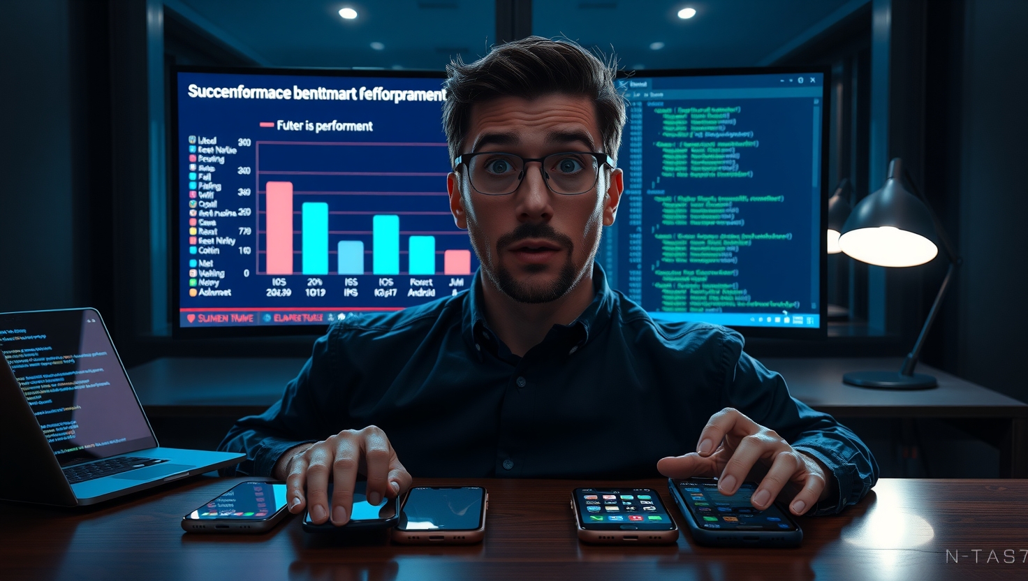 A shocked developer looks at a large monitor displaying a performance benchmark chart for multiple mobile development frameworks. Two phones showing identical apps sit on the desk, reflected in a dark window.
