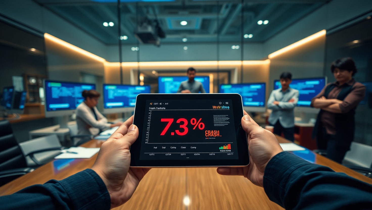 First-person view of hands holding tablet showing Hybrid App Development Company's 73% crash rate. Glass table reflects stressed team members - developer slamming laptop, QA highlighting bugs, angry client. Cold blue screens, wrinkled sleeves, and scattered documents complete the tension.
